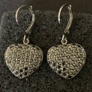 Black CZ Pave 925 Sterling Silver Dangle Heart
Leverback Earrings
